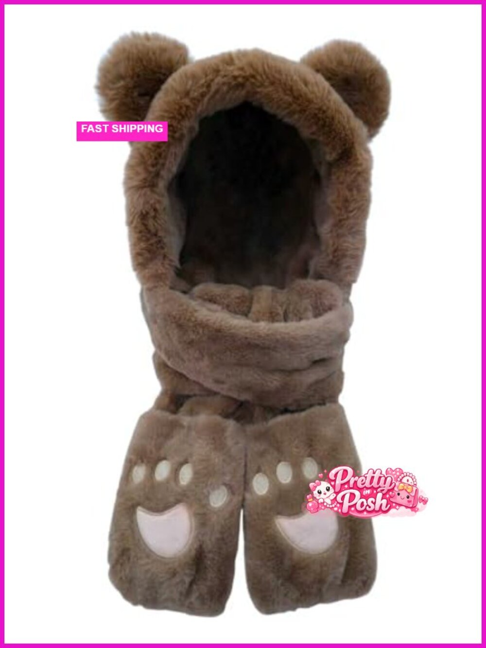 Bear Plush Hooded Scarf Mittens Set Soft Warm Winter Muffler Cap